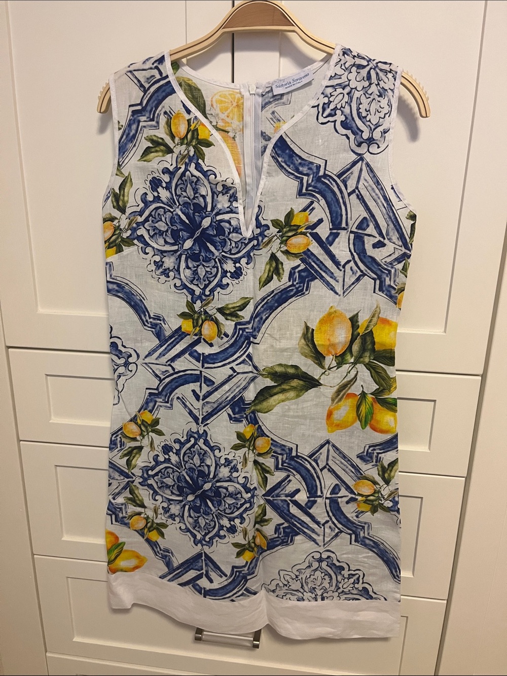 Sleeveless Lemon & Tile Print Midi Dress in White, Blue and Yellow